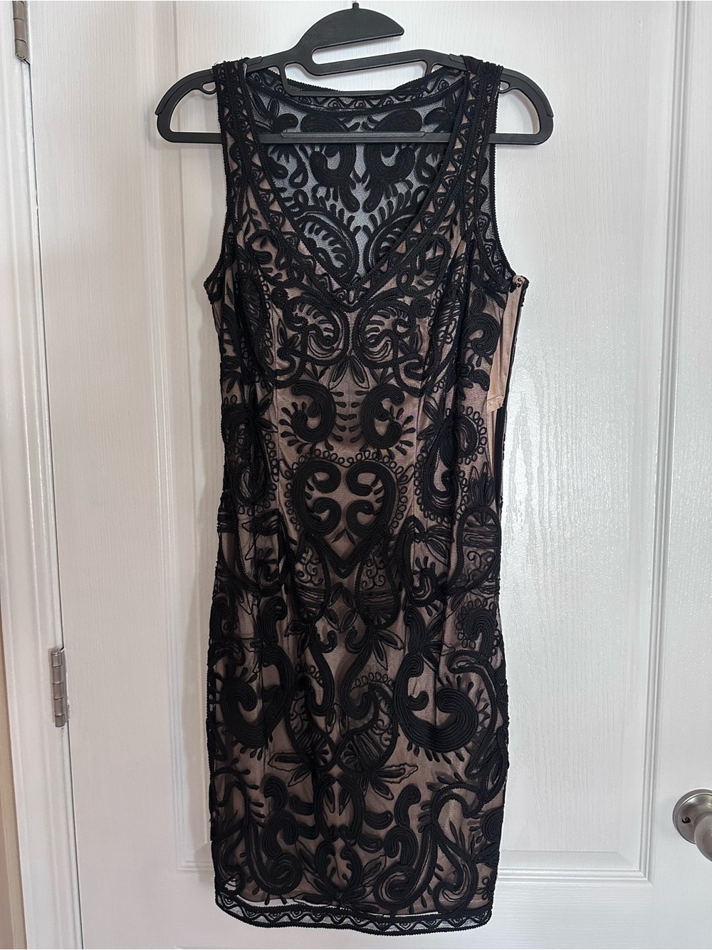 Sue Wong Black Lace Overlay Dress with Nude Underlay